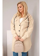 Dámský kabát Plus Size s kapucí model 22136655 na knoflíky tmavě béžový - K-Fashion