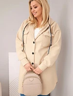 Dámský kabát Plus Size s kapucí zapínaný na knoflíky tmavě béžový