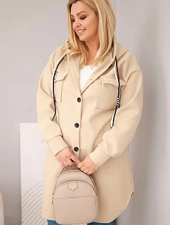 Dámský kabát Plus Size s kapucí model 22136655 na knoflíky tmavě béžový - K-Fashion