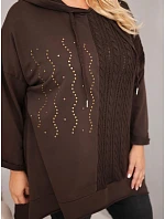 Dámská bavlněná mikina Plus Size s kapucí a pleteným detailem hnědý Dámská bavlněná mikina Plus Size s kapucí a pleteným detailem hnědý