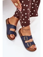 Dámské pantofle na korkové platformě s přezkami – tmavě modré Dámské pantofle na korkové platformě s přezkami – tmavě modré