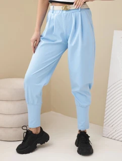 Dámské bavlněné kalhoty s vysokým pasem a páskem modré