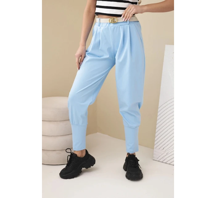 Dámské bavlněné kalhoty s vysokým pasem a páskem modré
