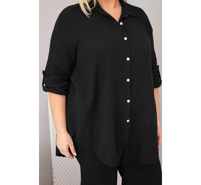 Dámský komplet Plus Size s košilí na knoflíky a kalhotami se širokými nohavicemi černý model 22069907 - K-Fashion