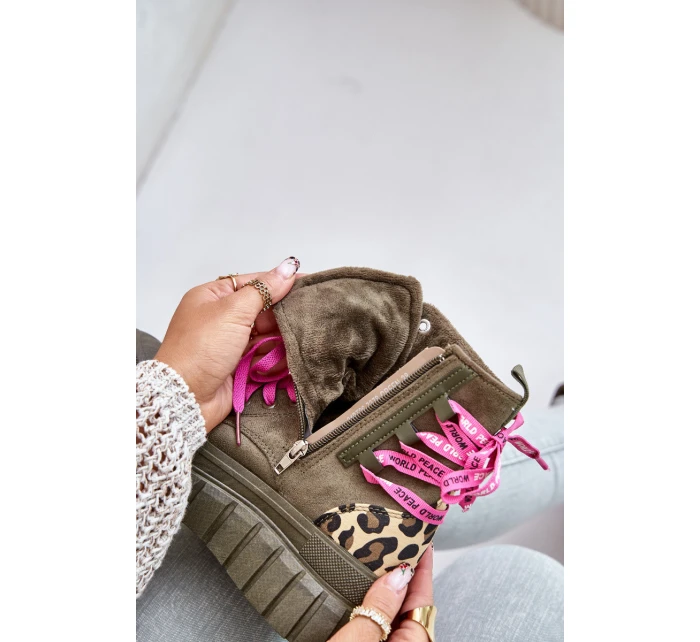 Dámské botky na platformě s ozdobným šněrováním leopardí zelené model 21673085 - EVENTO