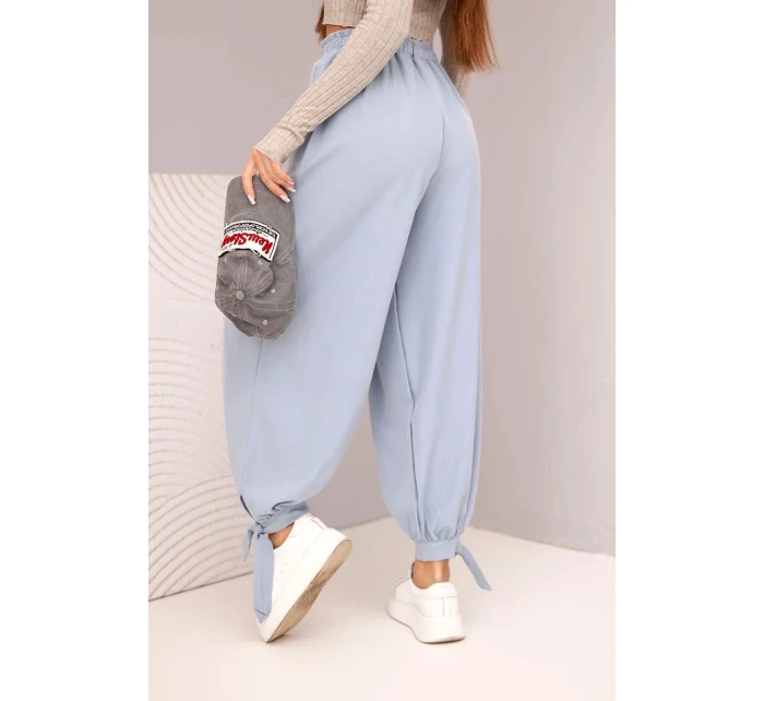 Dámské kalhoty s širokými nohavicemi a zavazováním dole džínové modré