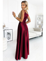CHIARA - Elegantní dlouhé dámské saténové maxi šaty ve vínové bordó barvě na ramínkách 299-13