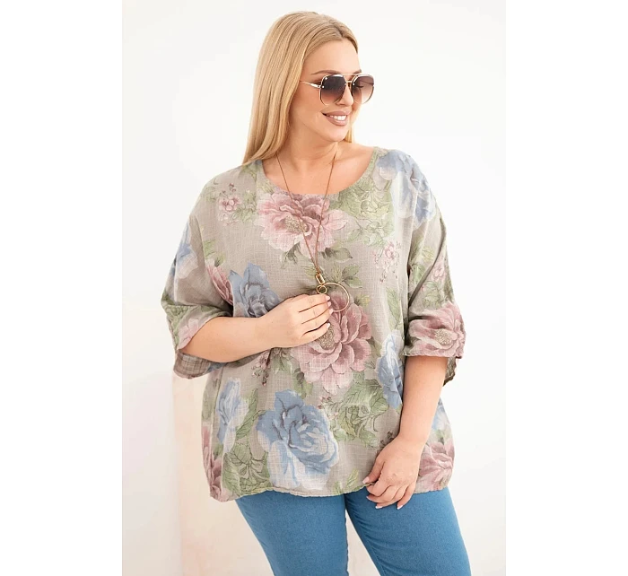 Dámská bavlněná halenka Plus Size s krátkým rukávem a květinovým vzorem fango