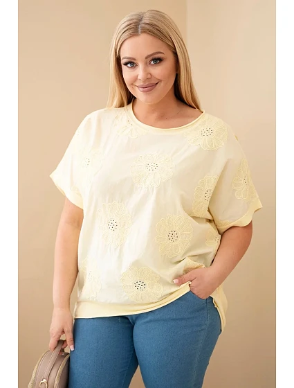 Dámská bavlněná halenka Plus Size s vyšívanými květinami žlutá