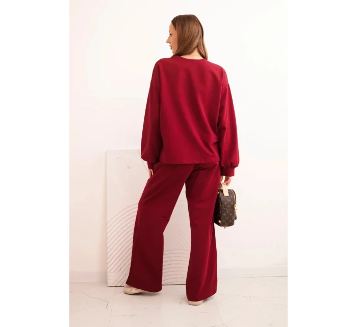 Dámská bavlněná souprava se širokými nohavicemi a mikinou s dlouhým rukávem bordó