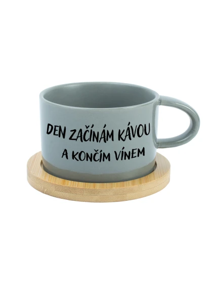 DEN ZAČÍNÁM KÁVOU A KONČÍM VÍNEM - šedý hrníček makronka 200 ml