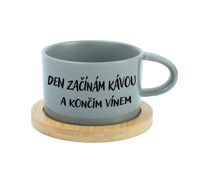 DEN ZAČÍNÁM KÁVOU A KONČÍM VÍNEM - šedý hrníček makronka 200 ml