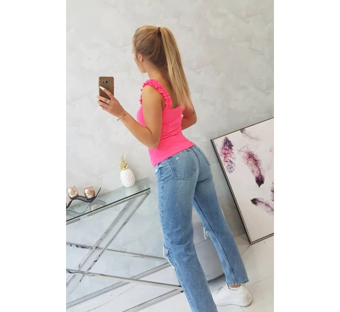 Halenka s volánky bez ramínek růžová neonová