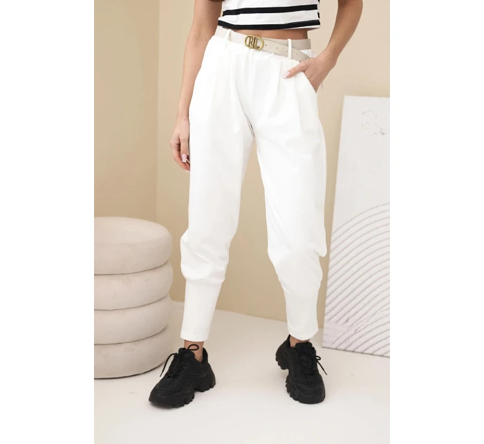 Dámské bavlněné kalhoty s vysokým pasem a páskem ecru