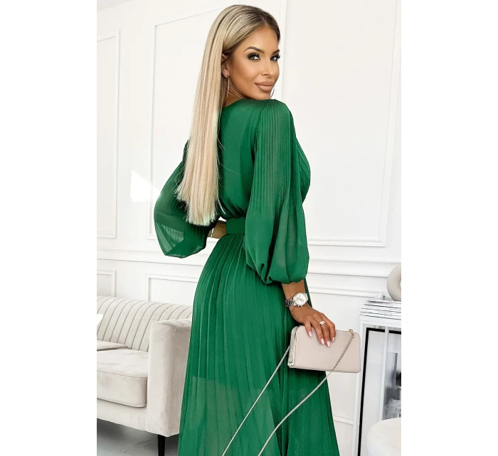 KLARA Světle zelené dámské plisované šaty s výstřihem a opaskem model 21109897 - numoco basic