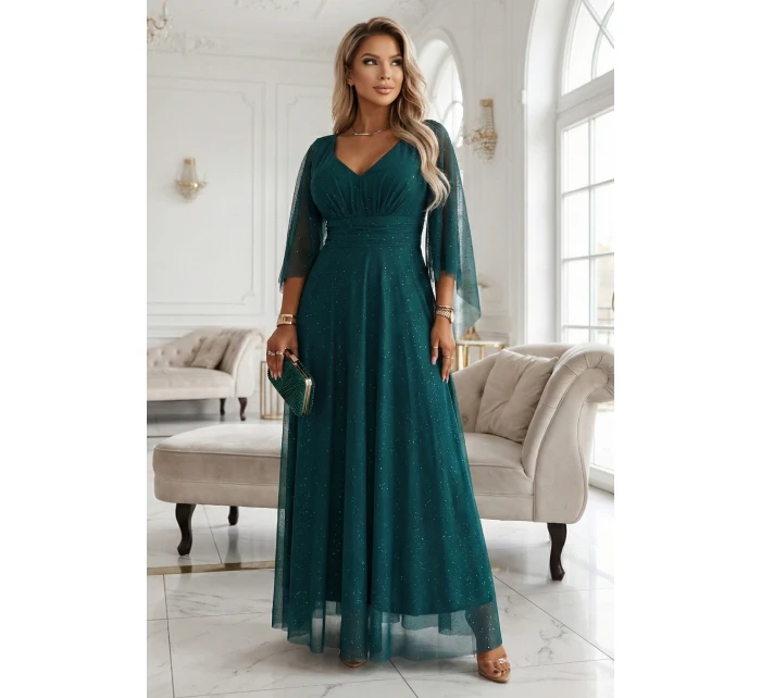 655-2 Dlouhé lehké třpytivé šaty s výstřihem a průhlednými rukávy - smaragdově zelené 655-2 Dlouhé lehké třpytivé šaty s výstřihem a průhlednými rukávy - smaragdově zelené