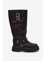 Kožené dámské kozačky s přezkami zateplené Big Star model 21758949 černé - Big Star Shoes Kožené dámské kozačky s přezkami zateplené Big Star model 21758949 černé - Big Star Shoes