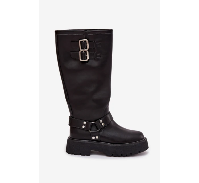 Kožené dámské kozačky s přezkami zateplené Big Star model 21758949 černé - Big Star Shoes Kožené dámské kozačky s přezkami zateplené Big Star model 21758949 černé - Big Star Shoes