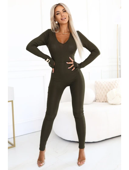 619-2 Pohodlný a elegantní dámský žebrovaný overal s výstřihem - khaki barva