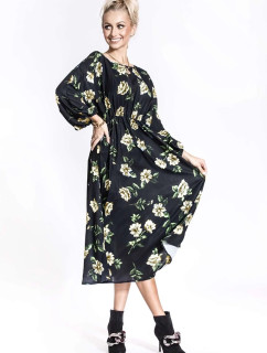 Černo/béžové dámské květaované kimonové šaty s kulatým výstřihem Ann Gissy (XY202116)