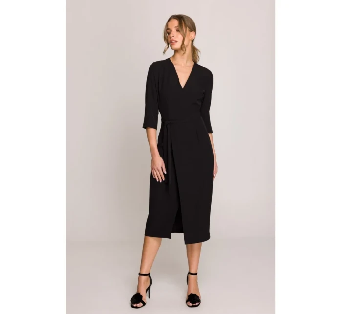 S396 Šaty se zavinovacími detaily ve střední délce - černé