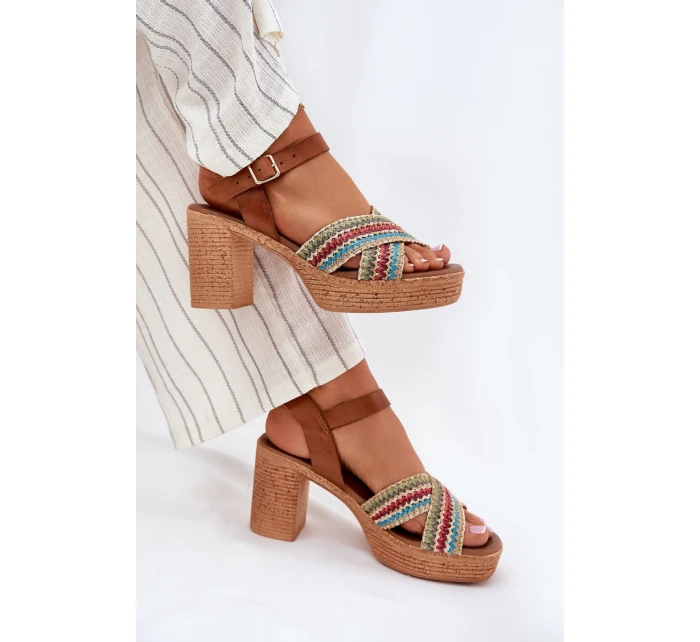 Kožené Sandály Na Podpatku S Pletením Na Páscích Hnědé Zazoo 40460 Kožené Sandály Na Podpatku S Pletením Na Páscích Hnědé Zazoo 40460