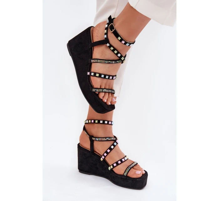 Dámské Sandály Na Klínu Se Zdobením Na Páscích Černé Lunara