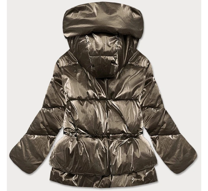 Tmavě zlatá metalická krátká dámská zimní bunda puffer (omdl-022)