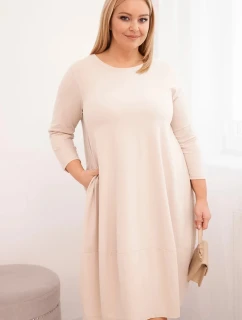 Dámská bavlněná šaty Plus Size s ohrnovacími rukávy a kapsami béžová