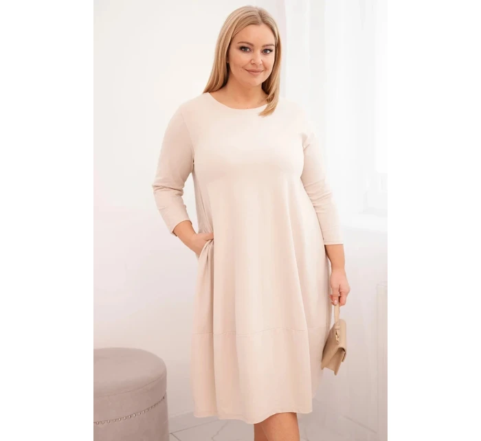 Dámská bavlněná šaty Plus Size s ohrnovacími rukávy a kapsami béžová