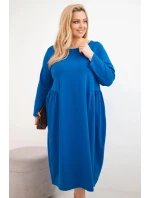 Dámská plus size bavlněná šaty s dlouhým rukávem a nařasením v pase chabrová