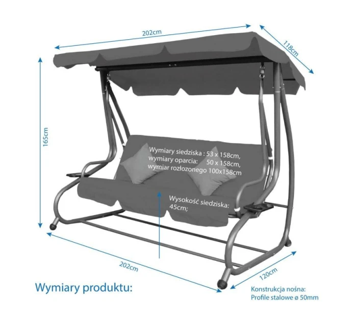 ZAHRADNÍ A BALKONOVÁ HOUPAČKA KASIA 3 OSOBY ŠEDÁ