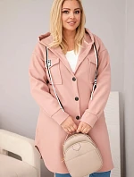 Dámský kabát plus size s kapucí zapínaný na knoflíky tmavě růžový