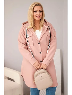 Dámský kabát plus size s kapucí zapínaný na knoflíky tmavě růžový