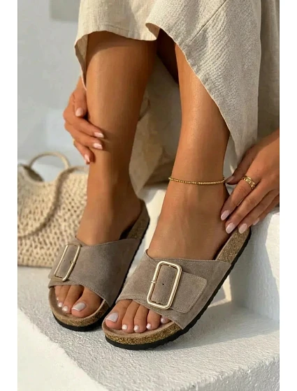 Kožené semišové dámské pantofle s přezkou tmavě béžové Beryl