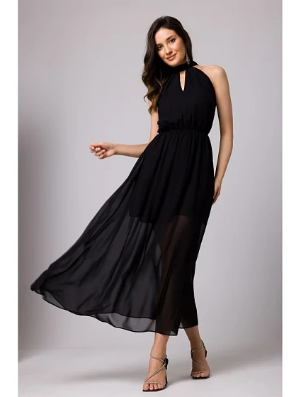 model 18429138 Šifonové šaty se zavazováním za krkem černé - Makover