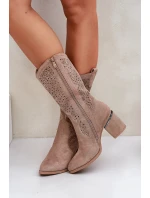 Dámské perforované kozačky do poloviny lýtka ve stylu kovbojek S.Barski – béžové, eko kůže Dámské perforované kozačky do poloviny lýtka ve stylu kovbojek S.Barski – béžové, eko kůže