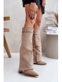 Dámské kozačky na podpatku s vyhrnutou holení Evyra – béžové, eko semiš