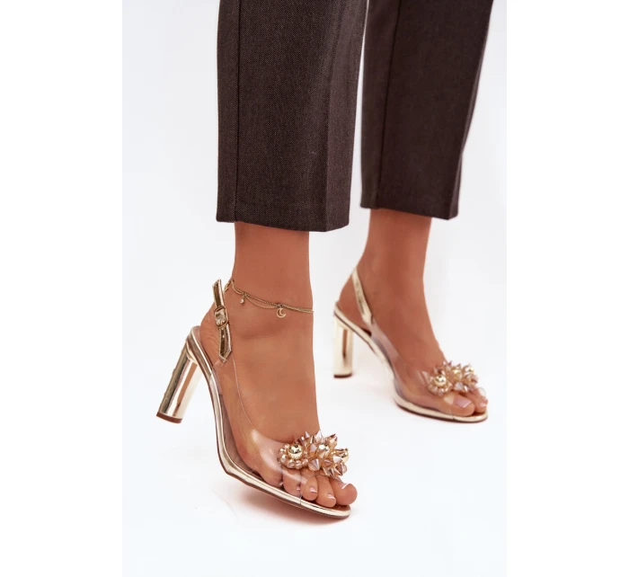 Průhledné sandály na podpatku s ozdobami D&A MR52-232 zlaté