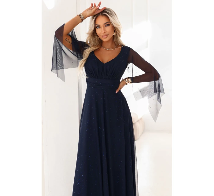 655-3 Dlouhé lehké třpytivé šaty s výstřihem a průhlednými rukávy - tmavě modré 655-3 Dlouhé lehké třpytivé šaty s výstřihem a průhlednými rukávy - tmavě modré