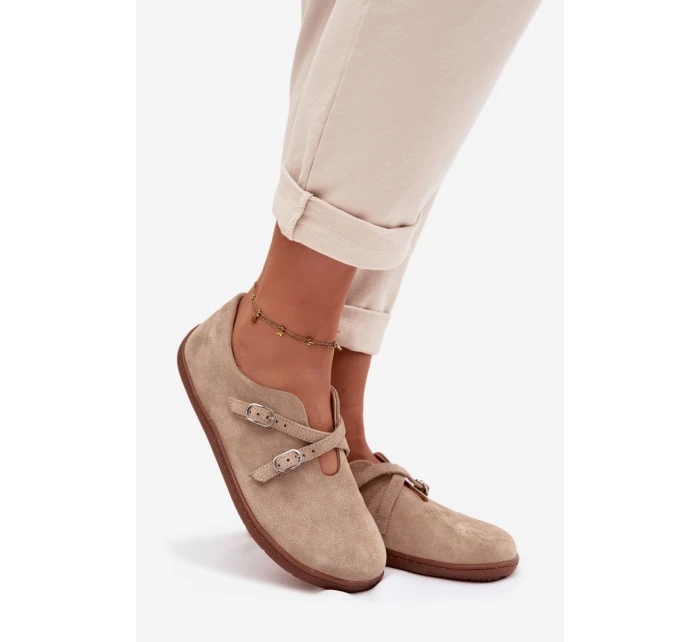 Kožené semišové polobotky Dámské s pásky béžové model 21937593 - Zazoo Kožené semišové polobotky Dámské s pásky béžové model 21937593 - Zazoo