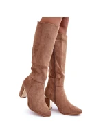 Dámské semišové kozačky na vysokém podpatku model 21099121 béžové - SEASTAR