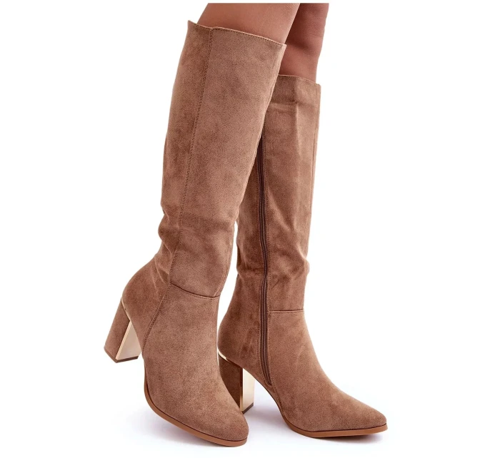 Dámské semišové kozačky na vysokém podpatku model 21099121 béžové - SEASTAR