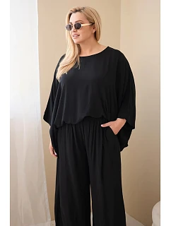 Dámský komplet Plus Size z viskózy se širokými kalhotami a halenkou černý