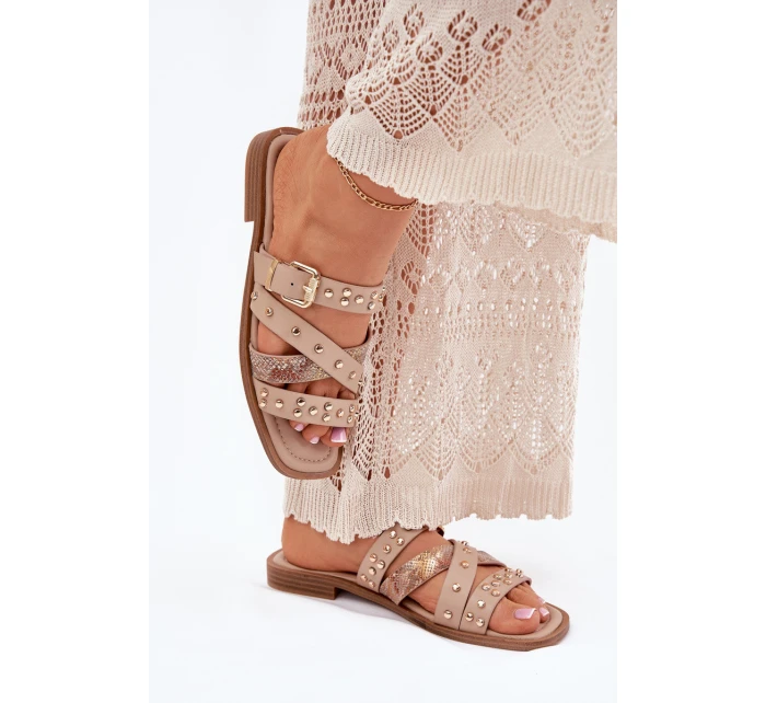 Ozdobené dámské sandály na plochém podpatku se pásky a sponou béžové Manitte Ozdobené dámské sandály na plochém podpatku se pásky a sponou béžové Manitte