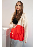 Pruhovaný svetr s kapucí béžový+červený+růžový