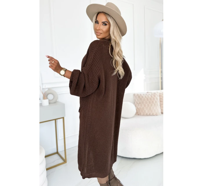 model 21290269 Cardigan svetr dlouhý s kapsami čokoládová barva - numoco basic