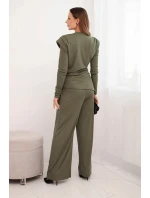 Dámská bavlněná souprava s halenkou a kalhotami s širokým nohavicemi khaki Dámská bavlněná souprava s halenkou a kalhotami s širokým nohavicemi khaki