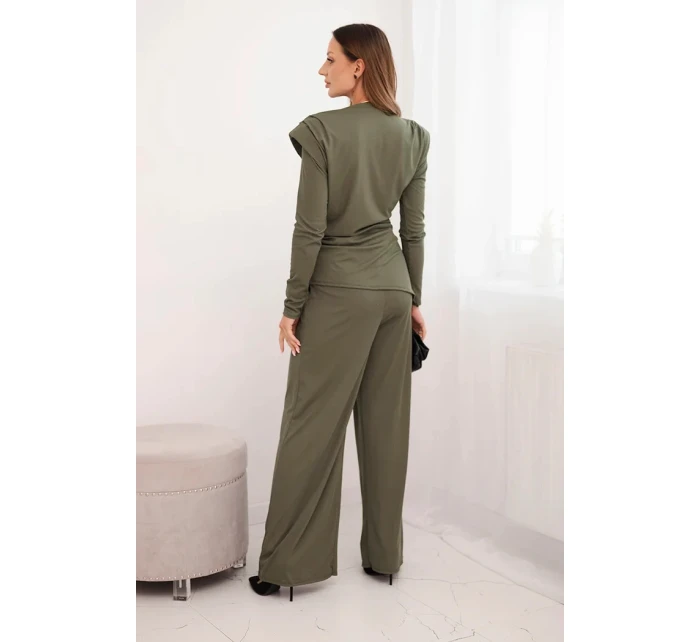 Dámská bavlněná souprava s halenkou a kalhotami s širokým nohavicemi khaki Dámská bavlněná souprava s halenkou a kalhotami s širokým nohavicemi khaki