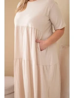 Dámské bavlněné šaty Plus Size s krátkým rukávem a volánem béžová